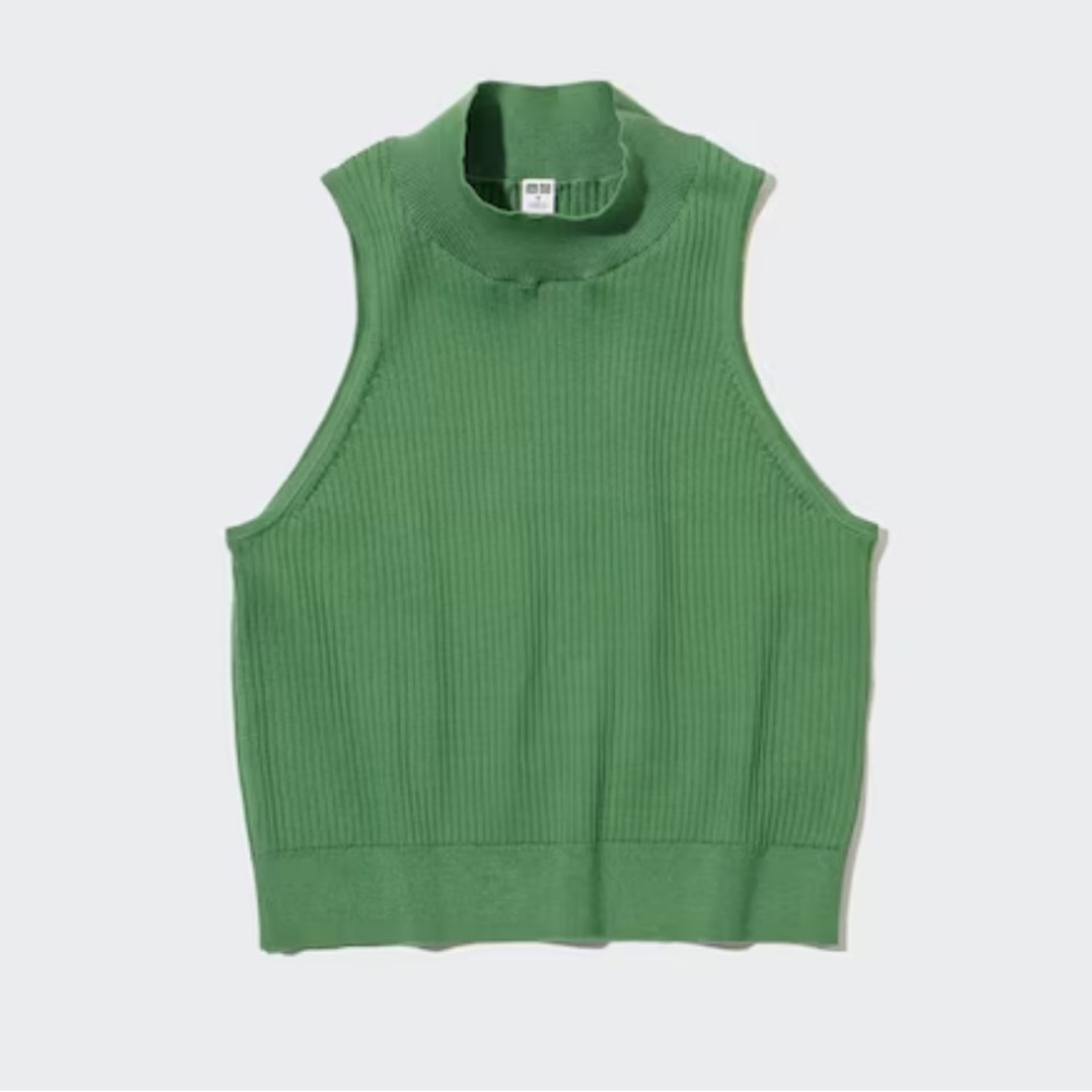Green Sleeveless Mock Neck Ribbed Knit Crop Top